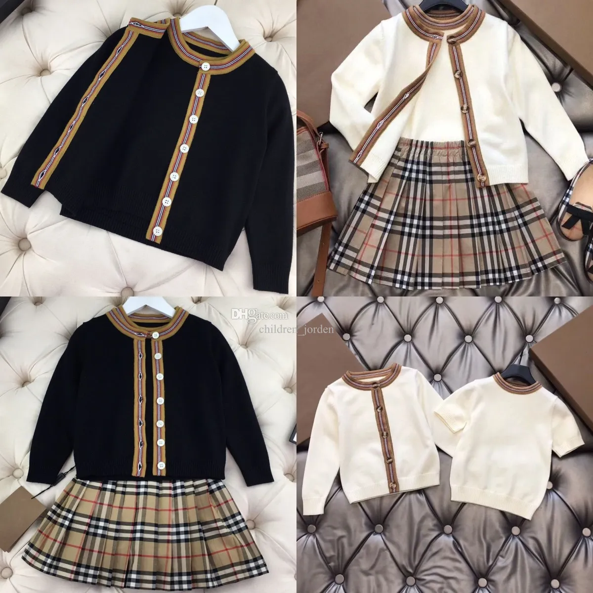 Barnkläder Autumn Spring Set Designer Girls Casual Baby Set Shorts Girl Long Sleeved Cardigan Pleated kjol 100-160 T6HO#