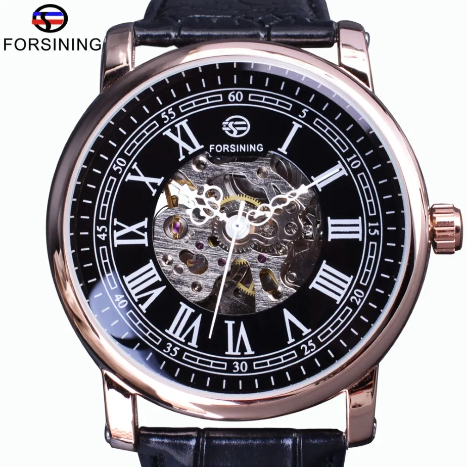 Forsining Montre série rétro Affichage squelette romain Cadran noir Horloge mécanique Rose Boîtier doré Montre automatique pour homme Top Marque Lu284I