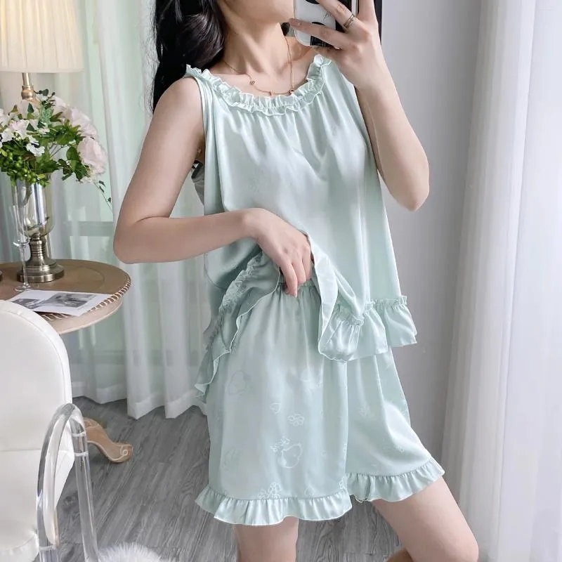 Womens Sleepwear Summer Suspender Pajamas Set Women Lingerie Strap Top Shorts Pijamas Sleep Suit Femme Silky Satin Nightsuits Homewear