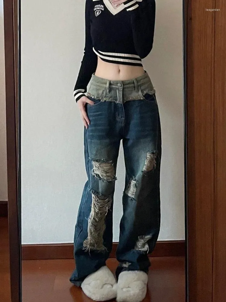 Dżinsowe jeansy modx vintage rozerwane kobiety grunge 90. estetyczne gyaru w stylu high street w lupgy dżinsowe spodnie Y2K Streetwear Koreańska moda
