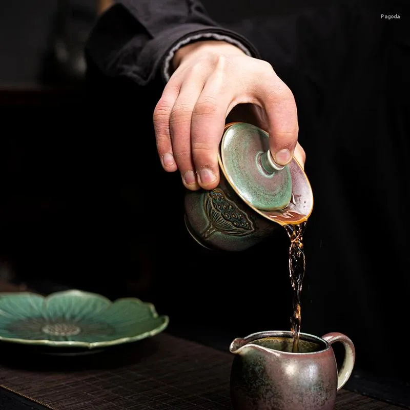 Set di articoli da tè Stile retrò cinese Portafortuna Pentola con zuppiera Set da tè in ceramica Tazza da tavolo Gaiwan Ciotola con coperchio al forno