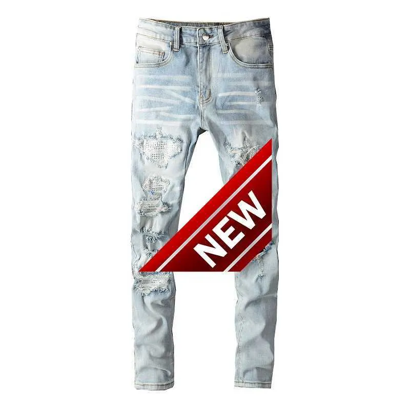 Pantalons décontractés de cowboy de rue personnalisés, jeans serrés en micro coton pour jeunes, trou bleu, 808