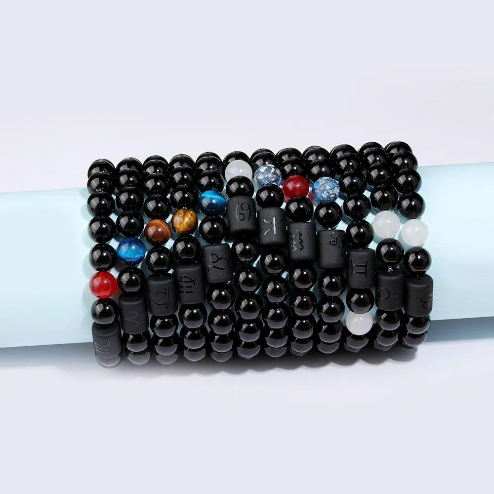 Beaded Fashion 12 Constellation Black Agate 10mm Beaded Strands Armband för män Kvinnor Tiger Eyes Pärlor Natural Stone Armband Jewel Dhekx