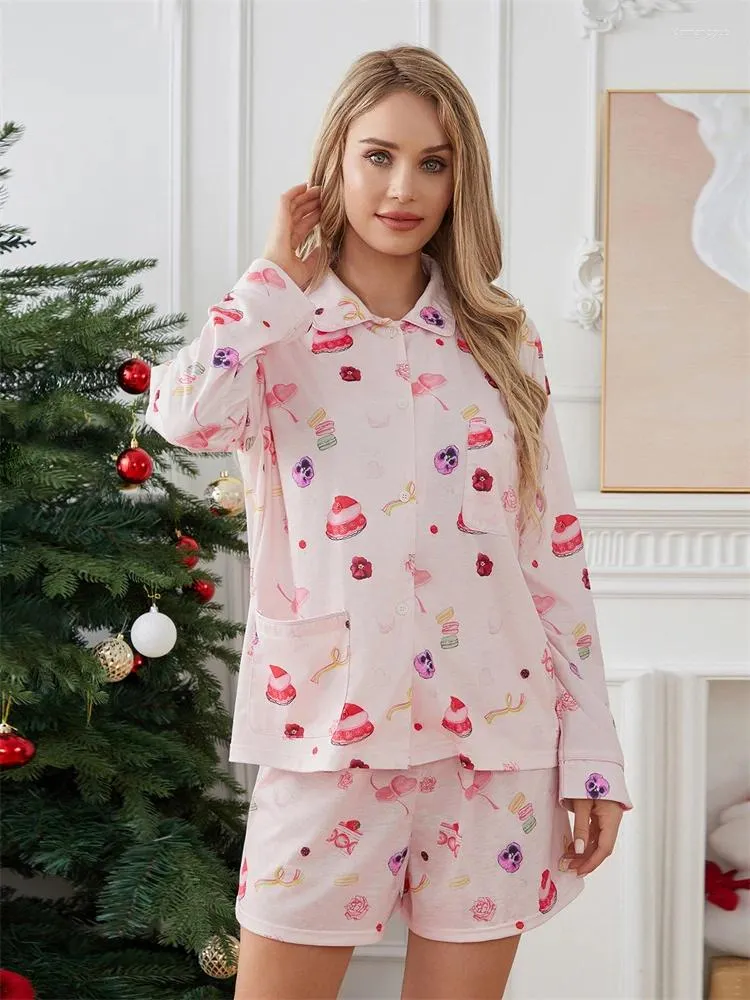 Pigiama da donna Set pigiama 2 pezzi da donna Camicie con bottoni a maniche lunghe con stampa dessert e pantaloncini elasticizzati Abbigliamento da casa morbido