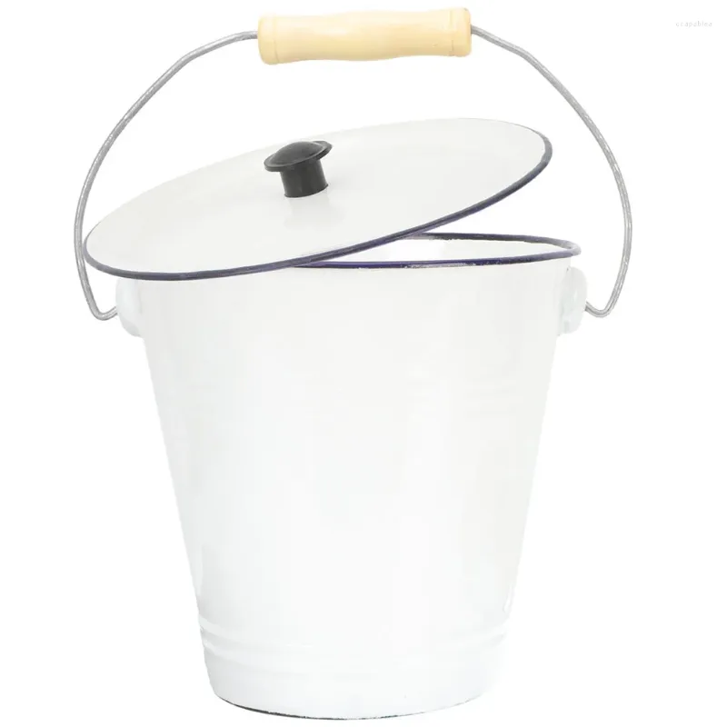 Storage Bottles Enamel Bucket With Lid Laundry Room Pots For Plants Garbage Can White Metal Pail Vase