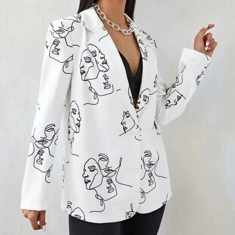 Blazers Cartoon Characters Irregular Print Blazer Women Jacket High Street 2022 New Fashion Elegant Office Lady Coat American Stylish