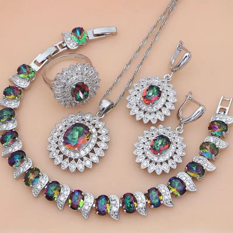 Sets Mystic Rainbow Fire CZ 925 Sterling Silver Jewelry Jewelry Sets Women Earrings/Pendant/Necklace/Rings/Bracelet T234