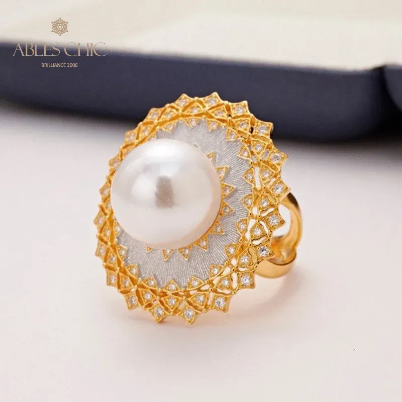 Rings 18K Gold Tone Shell Pearl Delicate Fretwork Renaissance Ring Solid 925 Silver Paved Zircons Big Wedding Rings C11R1S25732