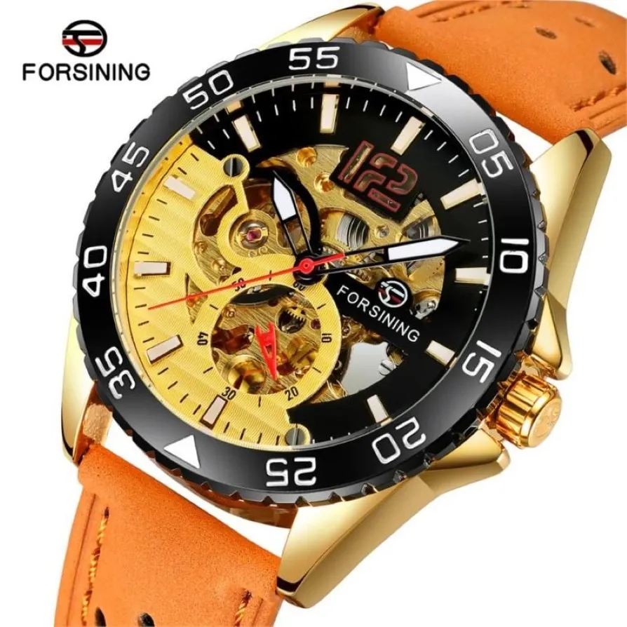 Men Fashion Casual Hublo Watch Automatic Mechanical Reloj Hombre Top Leather Watches Forsining Wristwatches313P