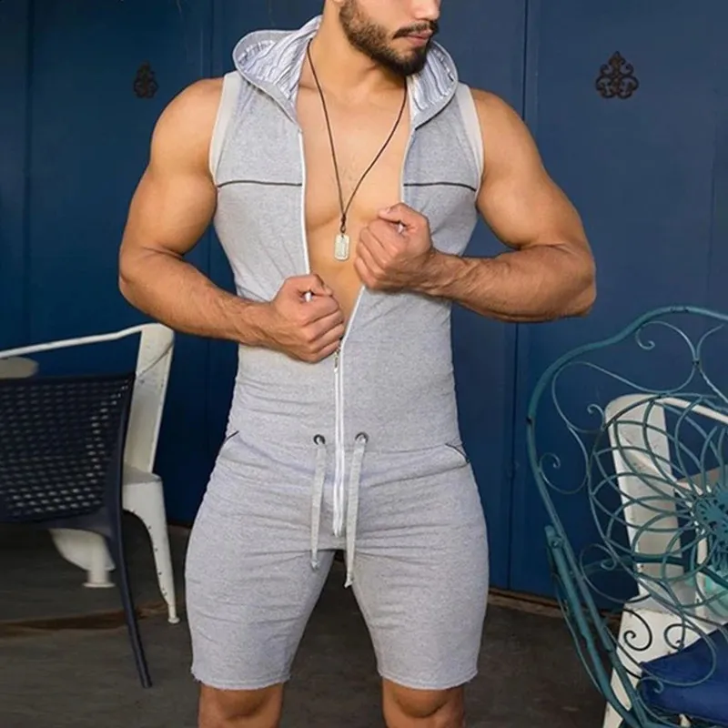 Men Casual Sleveless Buit Bodysuit zamek błyskawiczny z kapturem szorty rompers szczupłe domowe noszenie piżamę 240219