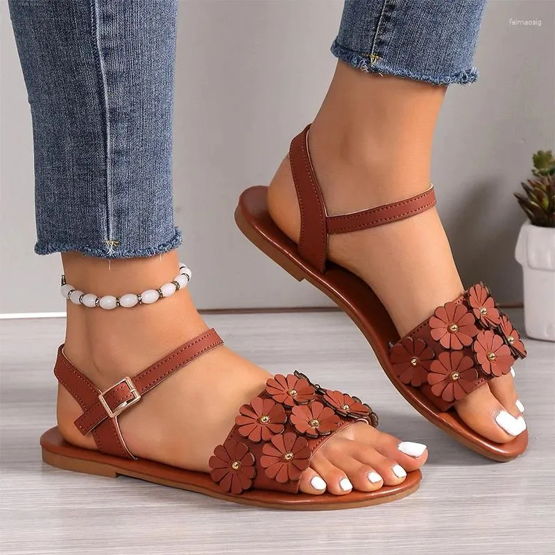 Sandaler Flower Women Rom Flats Beach Dress Shoes 2024 Fashion Summer Casual Walking Slippers Flip Flops Slides Mujer Zapatillas