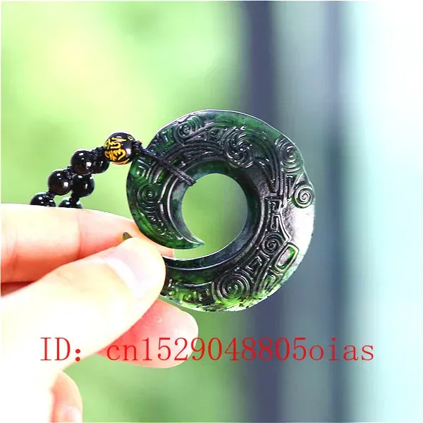 Anhänger Chinesische natürliche schwarze grüne Jade dekorative Runenanhänger Perlen Halskette Charme Schmuck Obsidian doppelseitig geschnitzt Amulett Geschenke