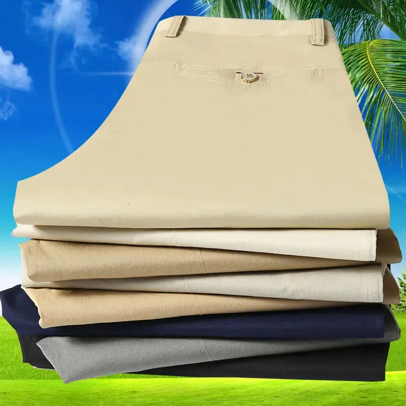 Męskie Spring Summer Thin Suit Pants średnia bawełniana bawełniana bawełniana wysoka talia prosta luźna solidna biznes swobodne ojciec tata Pants 240220