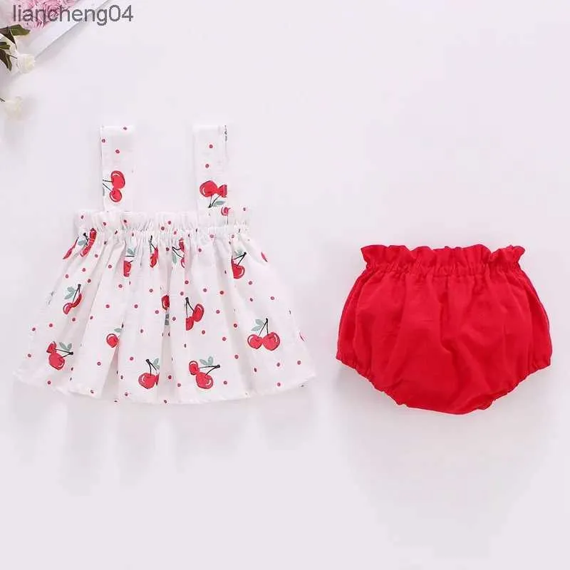 Kledingsets Zomer Baby Meisjes Kledingsets Schattig Kersenprint Halterjurk + Korte Baby Zoet Buiten Ademend Absorberend Pak Outfits 3-18M