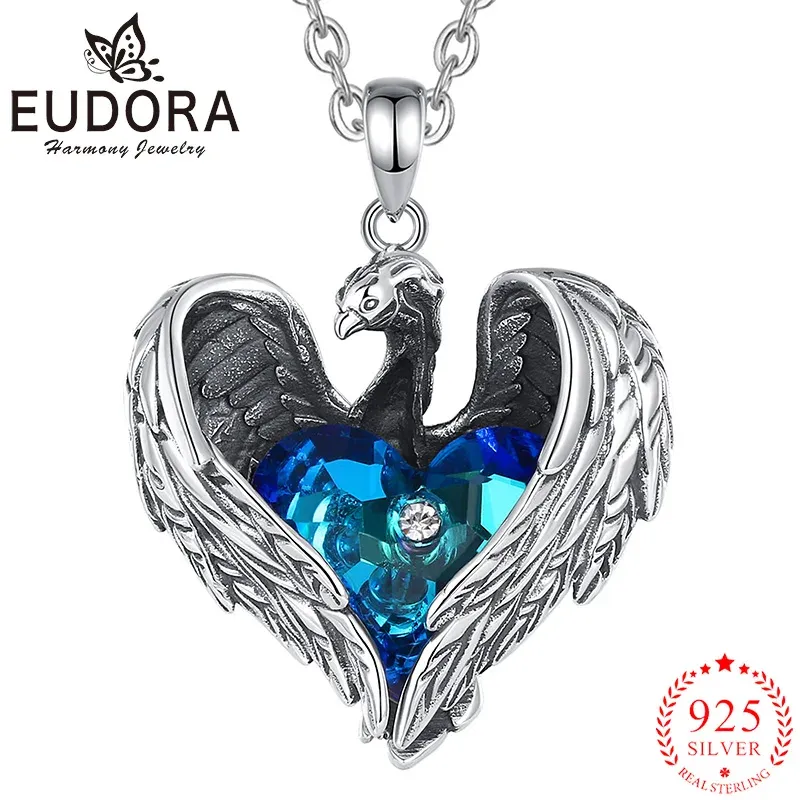 Teryaklar Eudora 925 Sterling Gümüş Vintage Phoenix Kolye Mavi Avusturya Kristal Kalp Kolye Kadınlar Moda Mücevher Müte