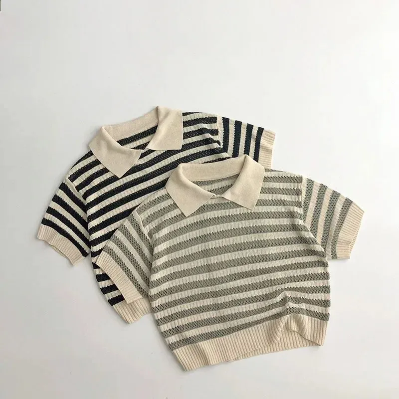 Garçons Tricots Vêtements Col Rabattu Lâche Polo T-shirt Mode Rayé Pull Tops Enfants Fille Mignon Été Vintage Tops 240219