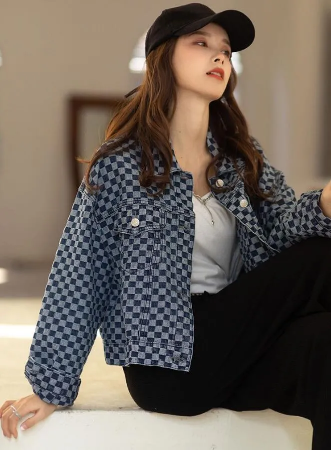 C2038 veste de créateur femmes à manches longues revers cou plaid jeans vestes denim femmes manteau