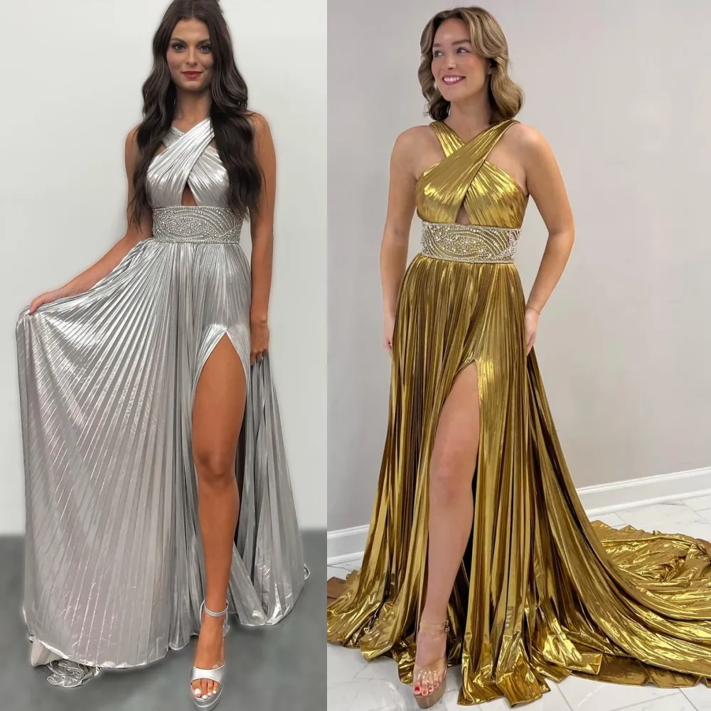 Beaded Prom Gowns, Metallic Pleated Formal Dress: Crisscross Cutout Evening  Gown for Preteen Ladies, Prom, Homecoming, Graduation Party Dress