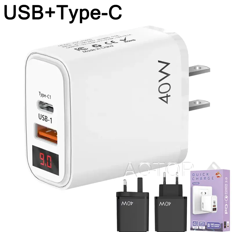 Adaptateur de chargeur mural LED à affichage numérique double Port USB type-c + EU/US/UK adapté pour téléphone intelligent iphone Samsung