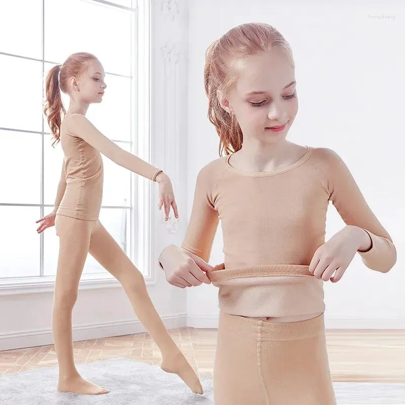 Girls Ballet Thermal Underwear Set Nude Dance Tights Leotard