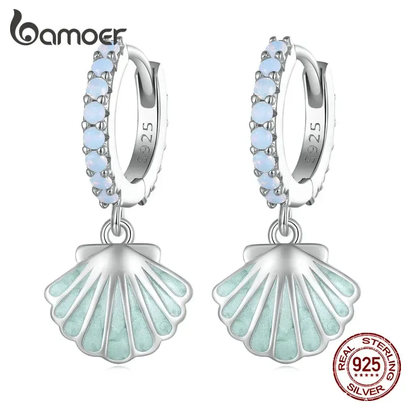 Orecchini Bamoer 925 Sterling Silver Smalto Processo Conchiglia di mare Fibbie per orecchie Pave Impostazione CZ Orecchini a cerchio per le donne Gioielli serie Ocean