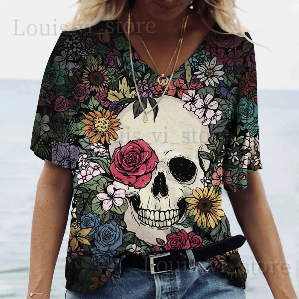 Dames T-shirt Vintage 3D Skull Gedrukte dames T-shirt Casual V-Neck korte mouw Blouses Zomertrend Harajuku pullover losse tops grappige tee T240221