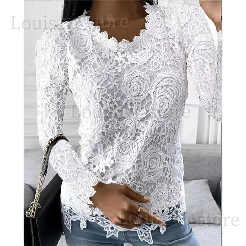Women's T-Shirt Lace Tops For Women Elegant Solid Plus Size O Neck Female Tee Shirt Casual Embroidery Long Sleeve Sping Summer Clothes Tunic T240221