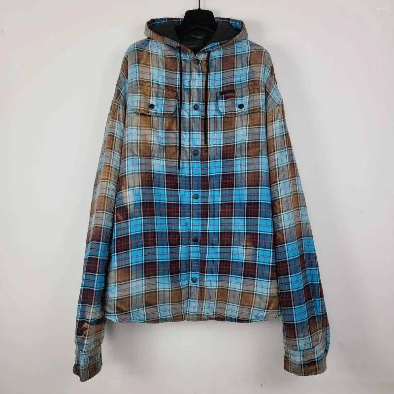 Men's Jackets 23/SS Luxury 1:1 Rendered Gradient Plaid Jacket Women Men Flannel Hooded Shirt Cotton Padded