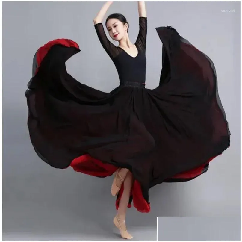 Stage Wear Jupe de danse en mousseline de soie flamenco pour femmes 720 degrés de couleur unie jupes longues danseur pratique style chinois avec gros ourlet goutte otfkr