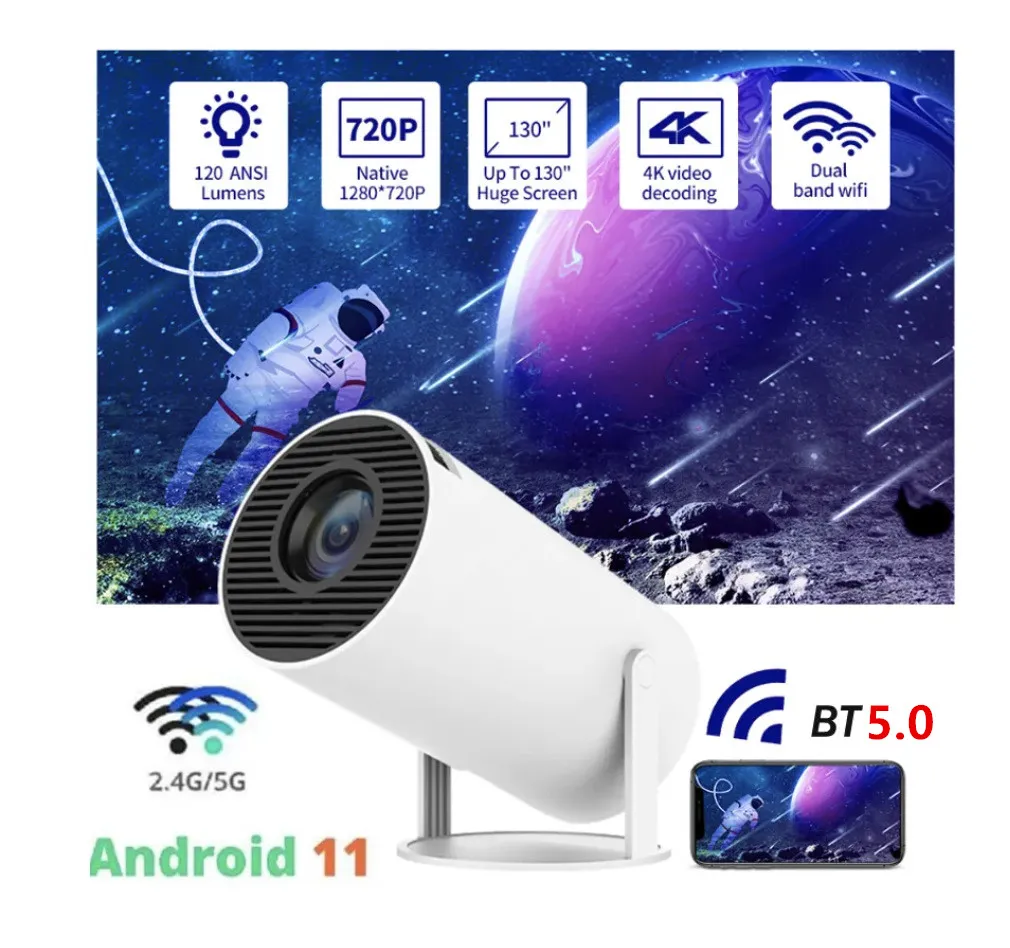 Hy300 Projector WiFi6 200Ansi Android11.0 4K 130 "Screen BT5.0 1280 720p Home Theater Portable com pacote de caixas RK3566 Chip