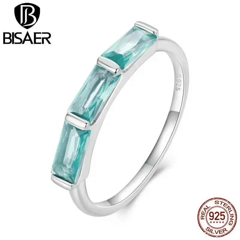 Anneaux Bisaer 925 Sterling Silver Geometry Ring Green Zircons Eternity Dinger Rings For Women Party Widding Engagement Bijoux EFR329