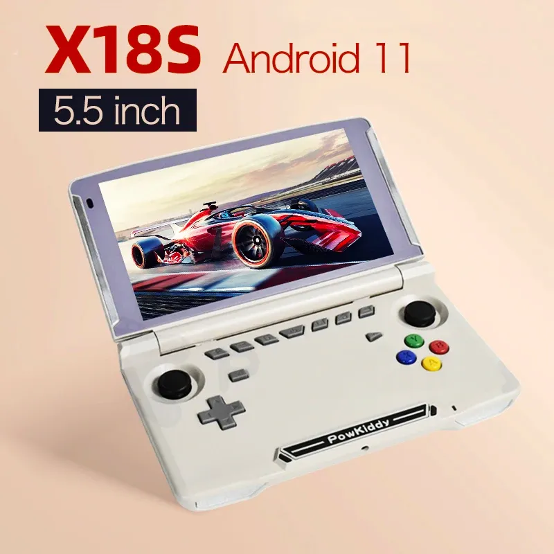 اللاعبون Powkiddy X18S جديد Android 11 5.5 بوصة لمسة IPS شاشة Flip Handheld Game Console T618 Chip Mobile Game Players RAM 4GB ROM 64GB