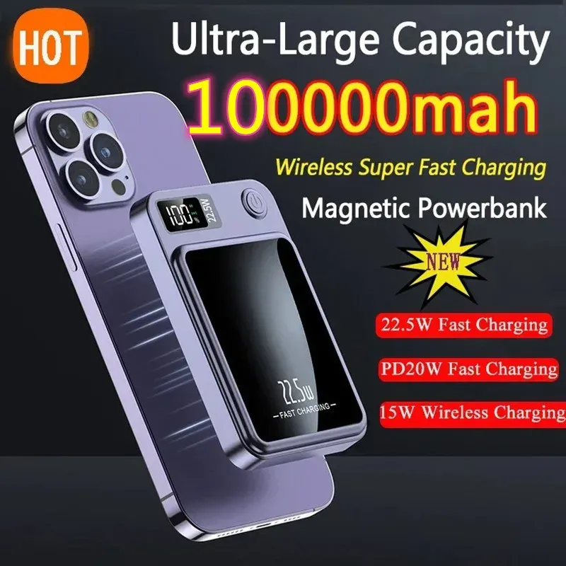 Banque 100000mAh 22,5W Wireless Powerbank Super Fast Charge Magnetic Qi Magsafe Charger Power Bank pour iPhone 15 14 13 Samsung Xiaomi