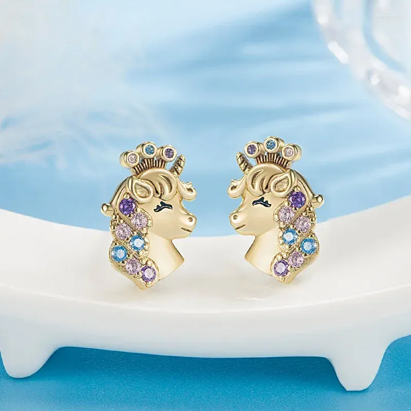 Boucles d'oreilles Xingyunday mignon couronne licorne breloques pour enfants filles coloré Zircon oreille enfant argent or couleur bijoux cadeaux