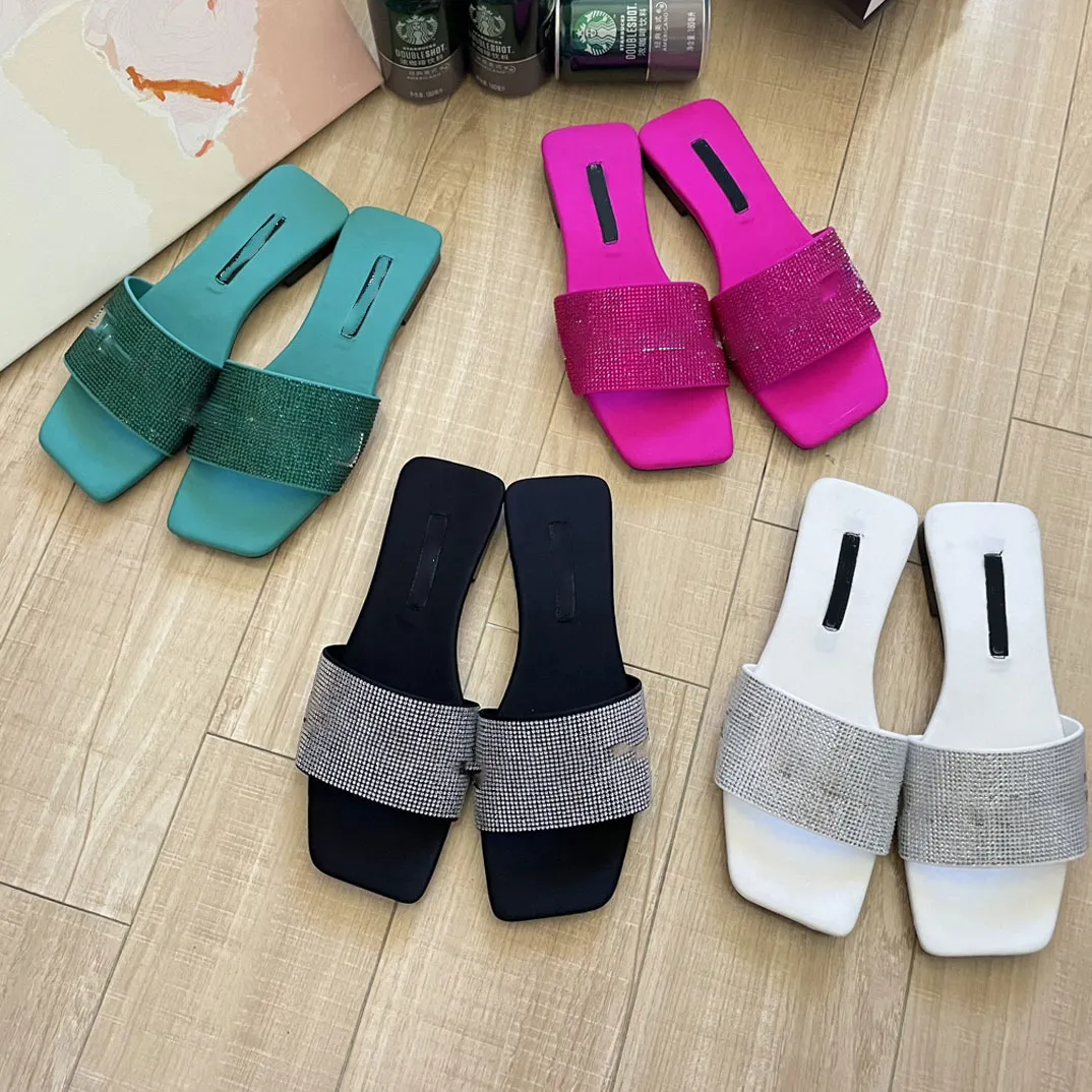 Luxury Rhinestone Slides Women's Summer Slippers Elegant Slip-on Sandals,  Beach Flats, Classic Letter Detail, Comfortable Low Heel Shoes