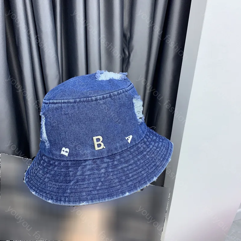 Cappello da pescatore a tesa larga di design da donna in denim blu moda per donna berretto da pescatore indossato marrone casual berretto da viaggio classico strappato casquette da esterno -6