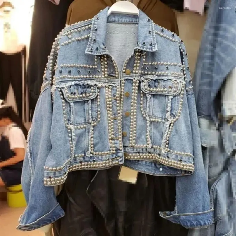 Damenjacken Jacke Frauen 2024 Herbst Hand Nieten besetzte Denim lose Outwear weibliche Studenten beiläufige kurze Jeans Mäntel