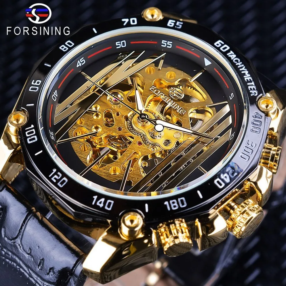 ForSining Big Dial Steampunk Design Luxury Golden Gear Movement Men Creative OpenWork Watches Automatic Mechanical Wrist Watches245e