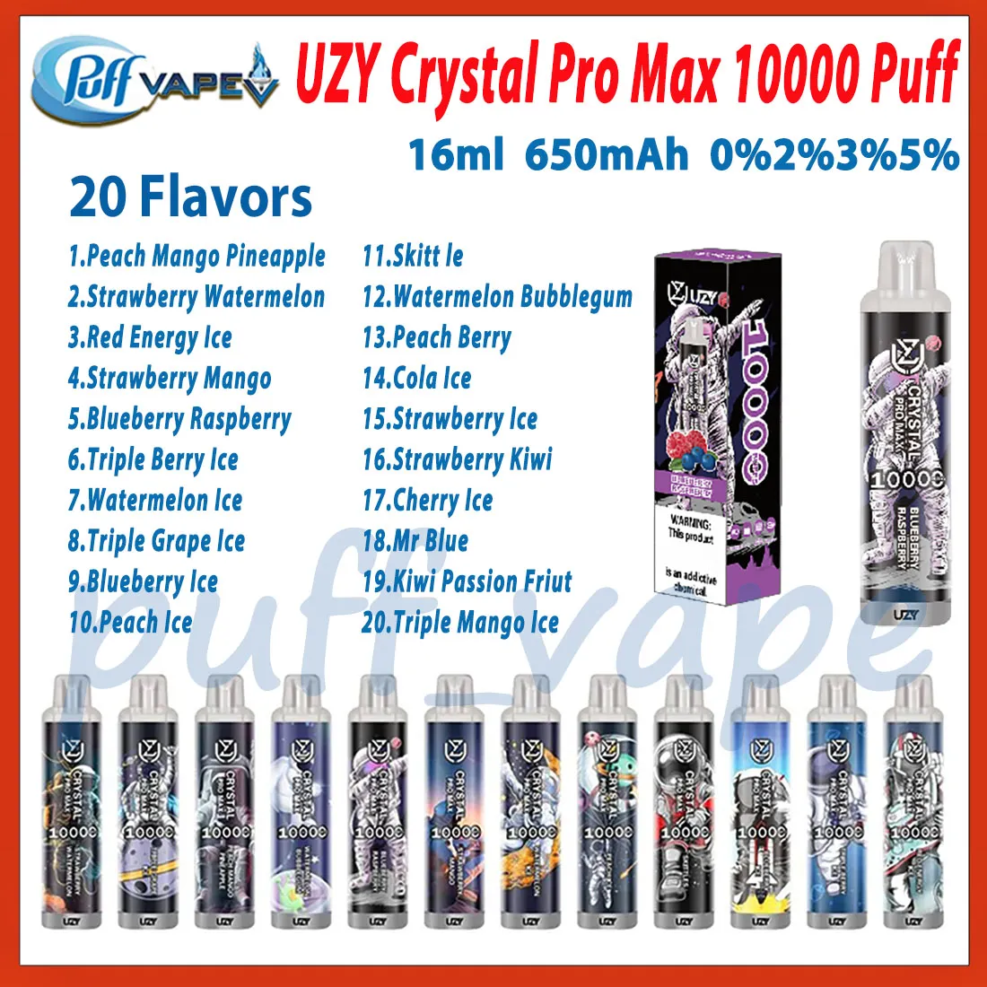 Primary UZY Crystal Pro Max 10000 Puff E Cigarette 20 Flavors 650mAh Rechargeable Bettery VS Randm Tonrado 10k 16ml Pre-filled Pod Disposable Vape Pen