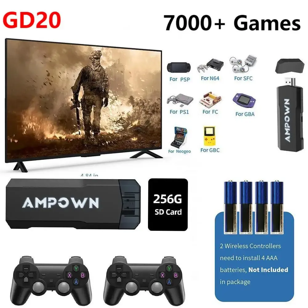 Consoles GD20 Retro Video Game Console Emuelec 4.3 System 2.4G Wireless Controller 256GB 70000 Games 4K HD TV Game Stick for PS1/N64/GBA