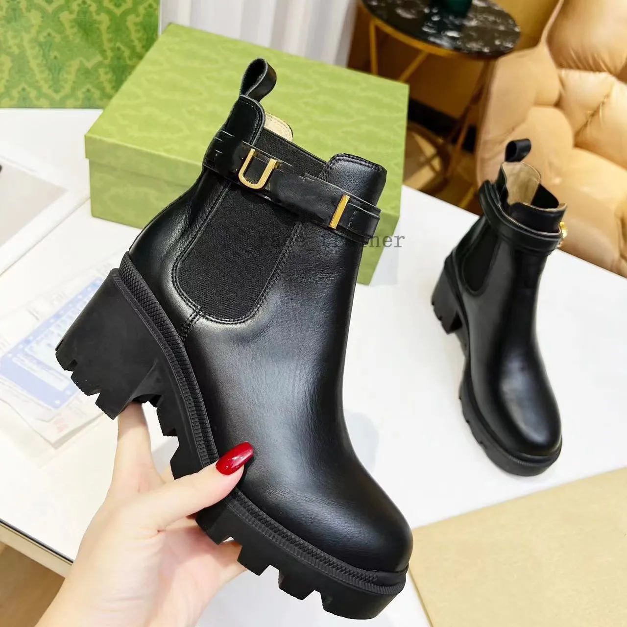 Letter buckle high heel Ankle Boots Full Grain Leather round toe side zipper block heel Fashion Boots Women's outdoor shoes luxury designer booties 34-42 1.25 04
