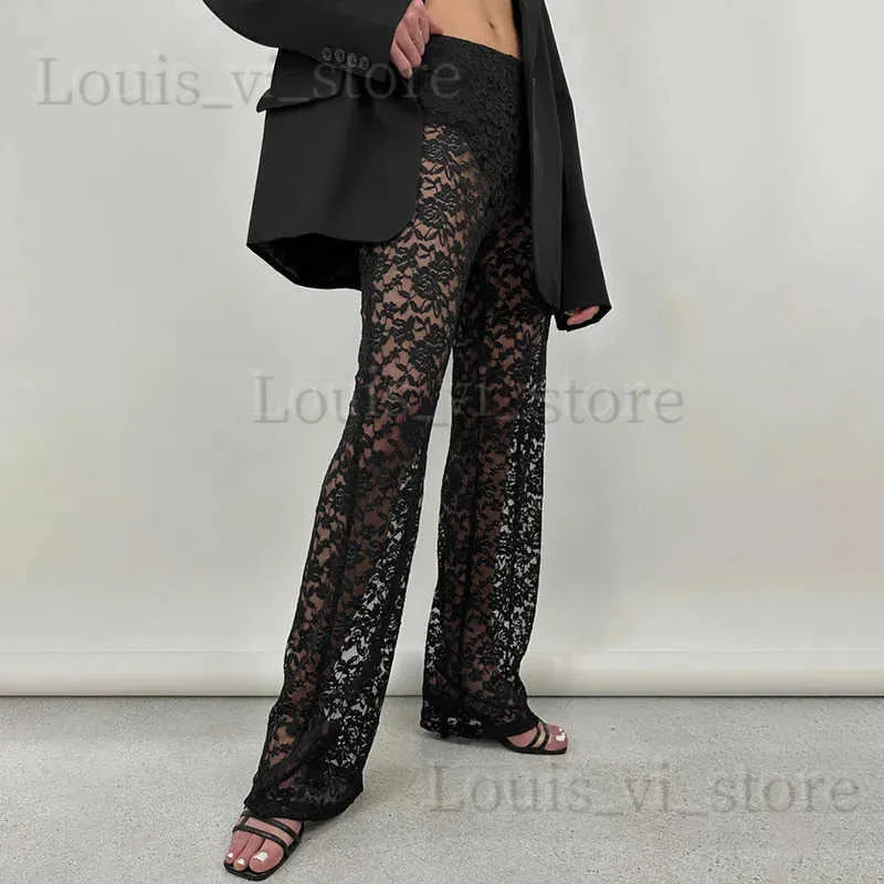 Women's Pants Capris KAAAZI Versatile Sexy Patchwork Lace See Through Straight Pants Summer New Streetwear Women Slim Long Pants Trend Fashion T240221