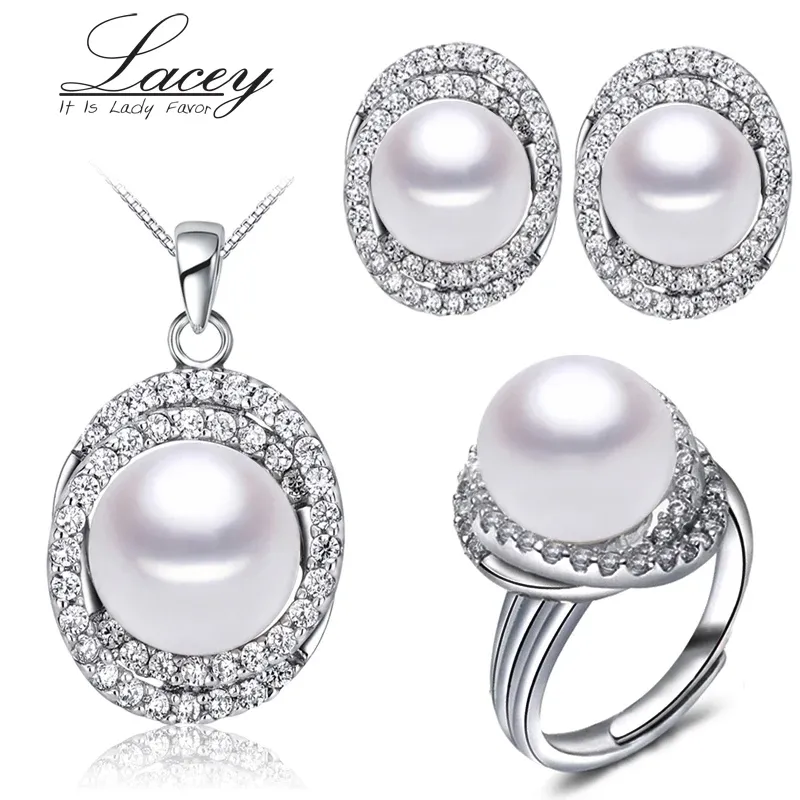 Ensembles de bijoux en perles d'eau douce en argent 925 pour femmes, ensembles de bijoux en perles naturelles blanches, cadeau de mariage pour filles