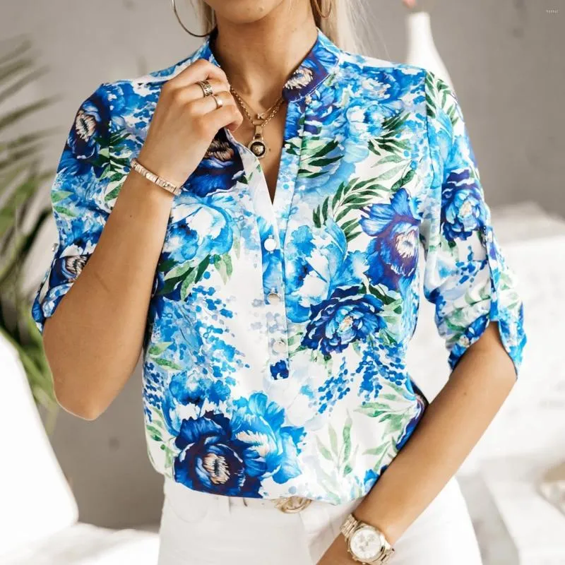 Women's Blouses Elegant Blouse Summer Shirt Floral Print Casual Long Sleeve Botton V Neck Tops Retro Ethnic Style Slim Ladies
