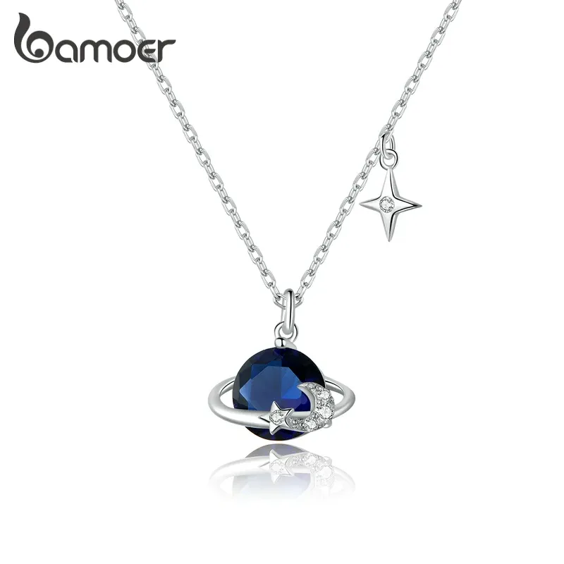 Necklaces bamoer 925 Sterling Silver Blue Planet Pendant Necklace for Women Stars Design Engagement Statement Jewelry Colllar BSN166