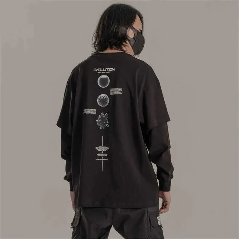 Men's T-Shirts Unisex hip-hop long sleeved fake two-piece T-shirt for mens loose Japanese summer street clothing Harajuku top oversized J240221