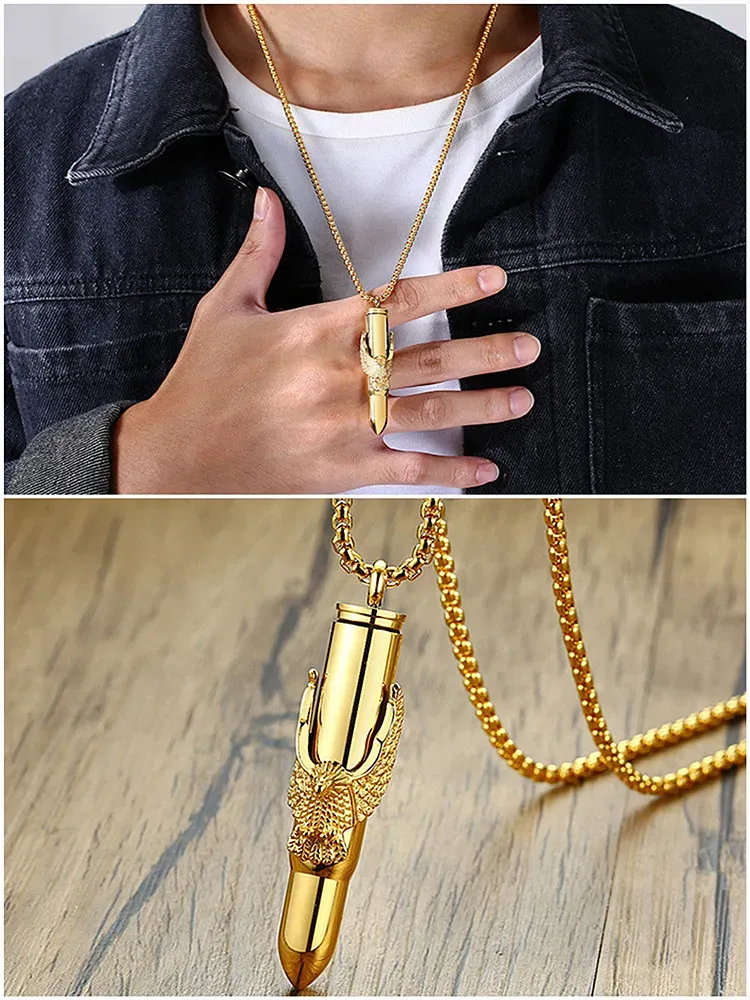 Pendants Eagle Bullets Titanium Stainless Steel Pendant Necklaces for Men Gold Color Choker Fine Jewelry Fashion Cool Accessories Hip hop