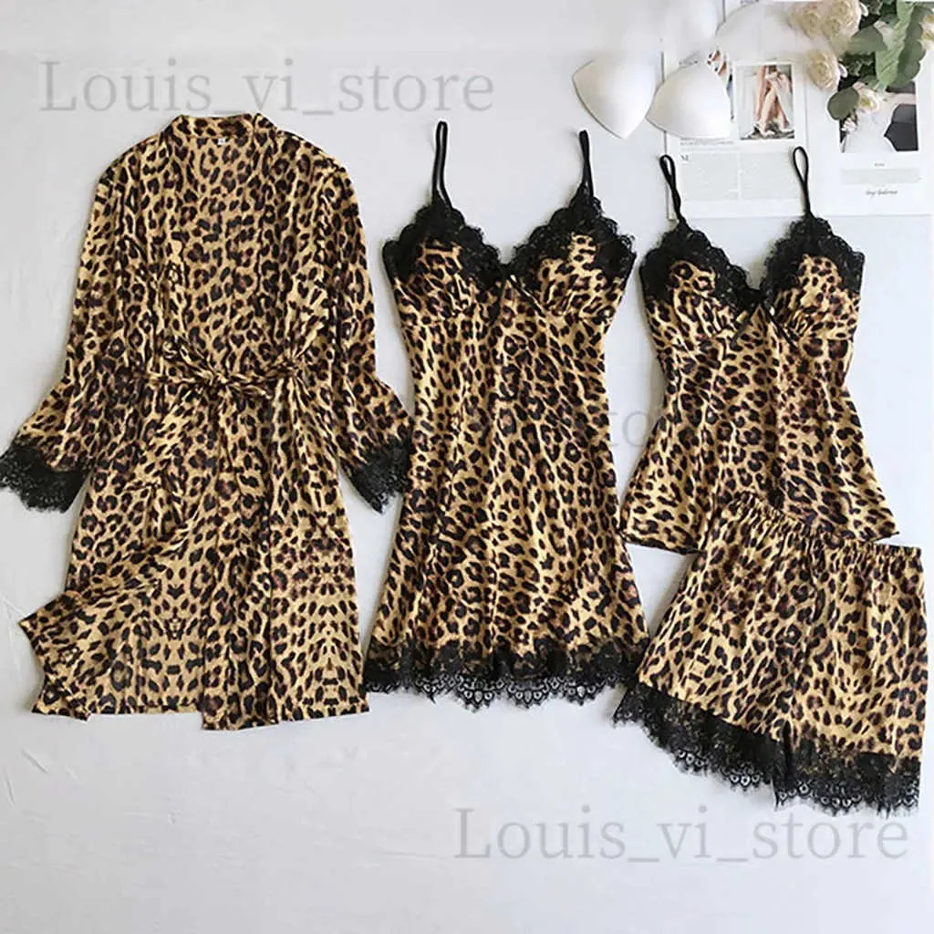 Mulheres sleepwear moda nova mulheres leopardo impressão polka dot pijama vestido conjunto de quatro mulheres nightdress lingerie robes roupa interior sleepwear sexy t240221