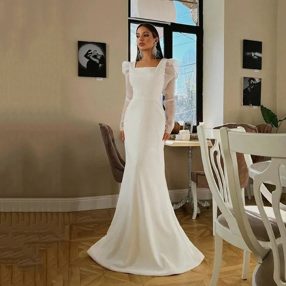 Classic Satin Wedding Dress Mermaid Long Puff Sleeves Square Neck Bridal Formal Gown With Button Vestido De Noiva