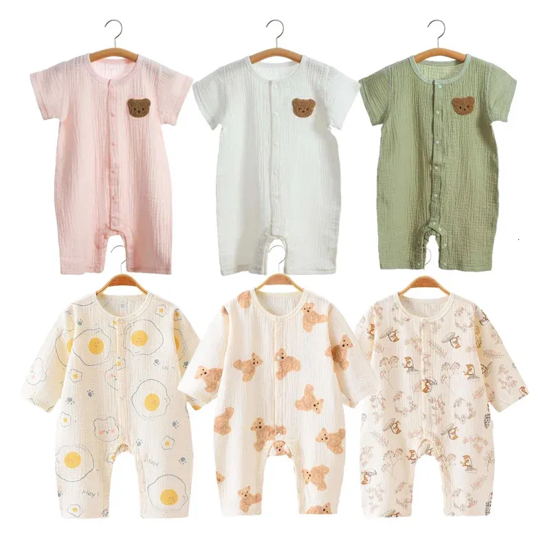 Pagliaccetto coreano per bambini in mussola a maniche corte per ragazze Ragazzi Cute Bear OnePieces Abbigliamento nato Tute sottili estive 240220